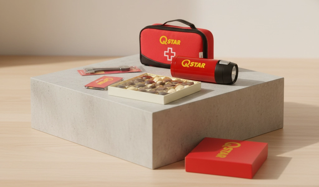 Qstar-m&auml;rkt merchandise, inklusive en r&ouml;d f&ouml;rsta hj&auml;lpen-v&auml;ska, en r&ouml;d ficklampa och en l&aring;da med praliner.